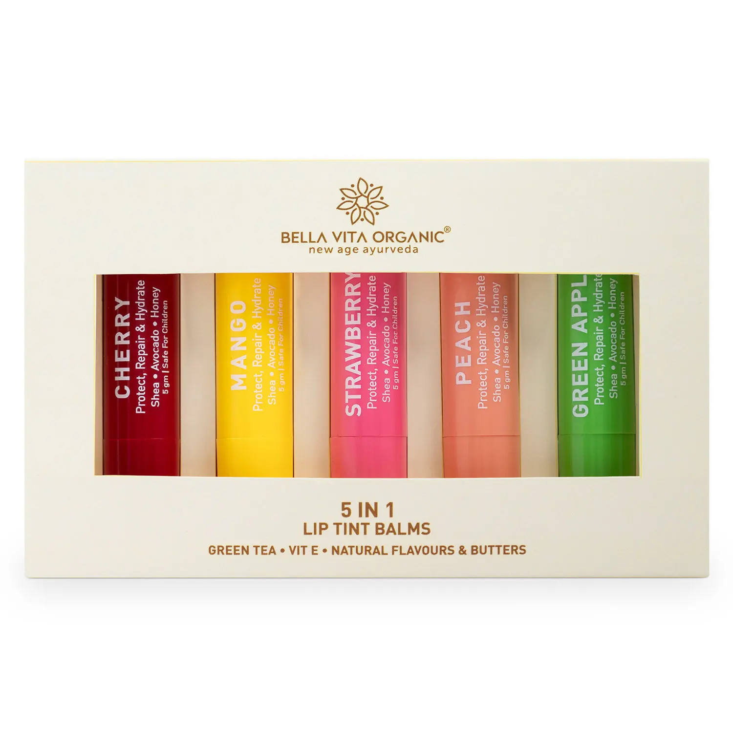 Bella Vita Organic 5 in 1 Lip Tint Balms with Green Tea, Vitamin E and Natural Flavours & Butters 25 gm