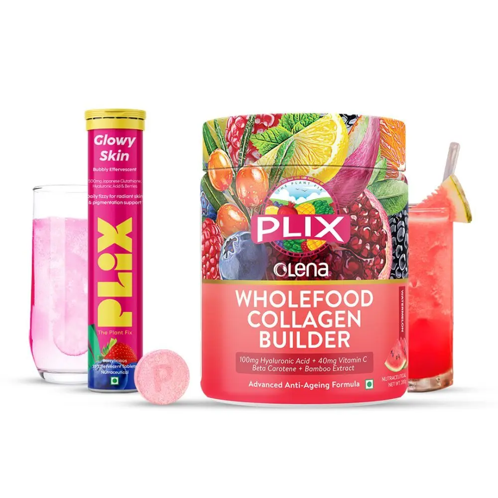 PLIX Beauty Glow Combo Glutathione 15 Effervescent Tablets and Collagen Builder Powder (200g) Combo for Youthful and Glowy Skin