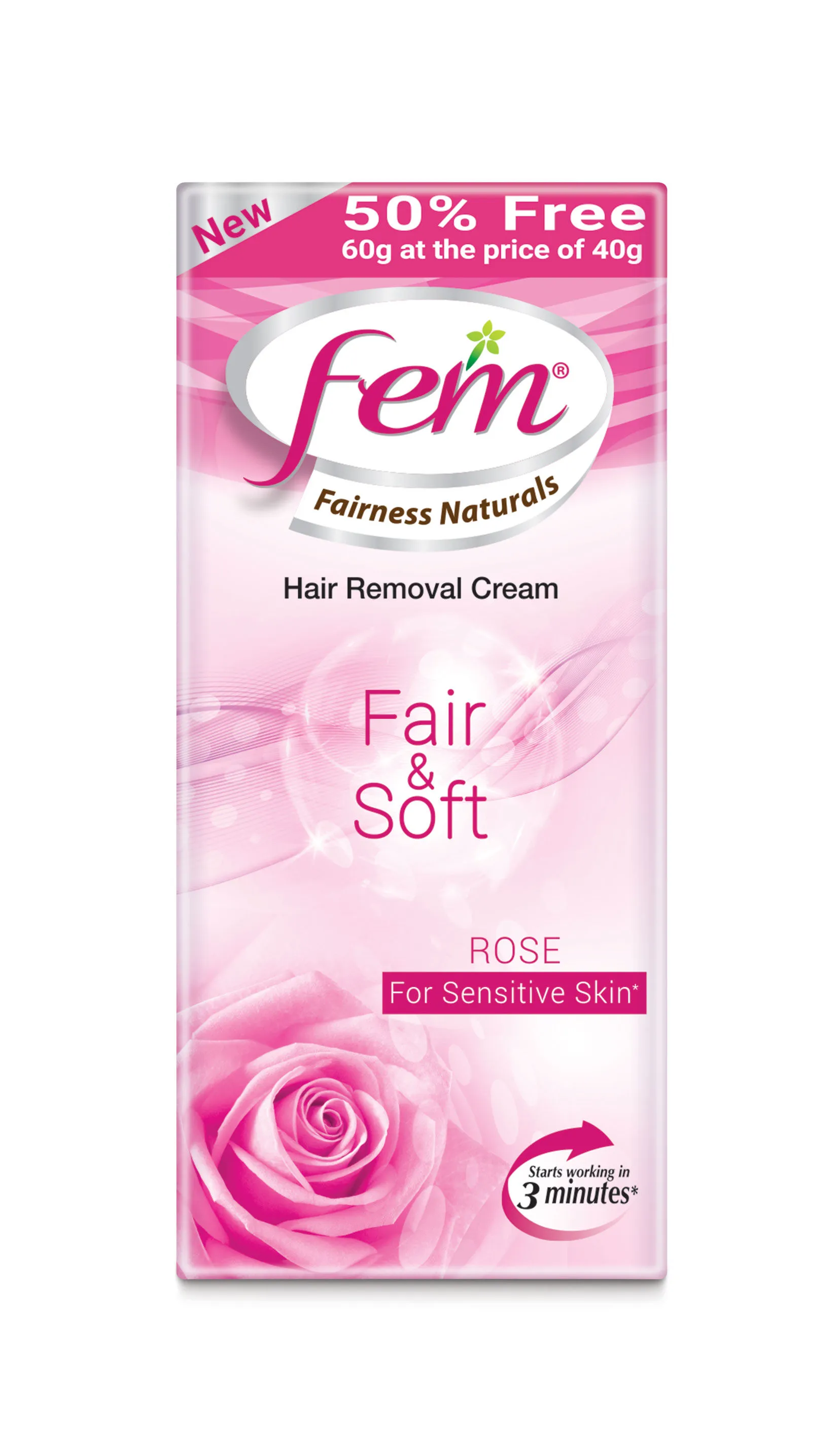 Fem Fairness Naturals Fair & Soft Hair Removal Cream Rose - Sensitive Skin (40g + 50% Extra)