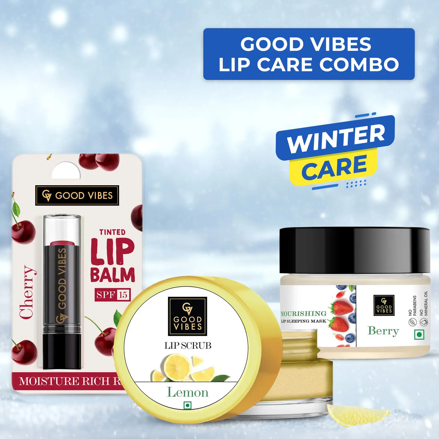 Good Vibes Lip Care Combo (Lip balm + Lip Scrub + Sleeping mask) Peach Softening Orange Tinted Lip Balm SPF 15, Lemon Lip Scrub, Berry Nourishing Lip Sleeping Mask.