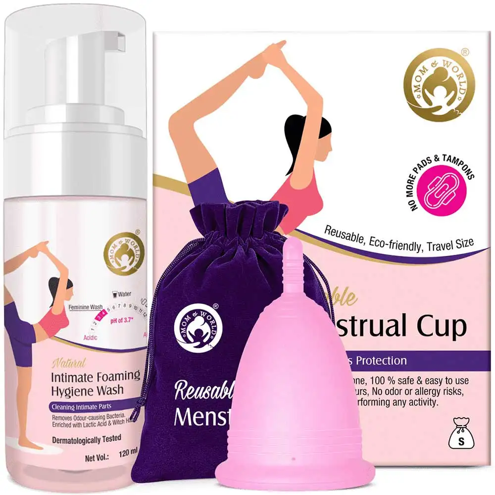 Mom & World Natural Intimate Foaming Feminine Hygiene Wash,  120 ml  + Reusable Menstrual Cup (Small)