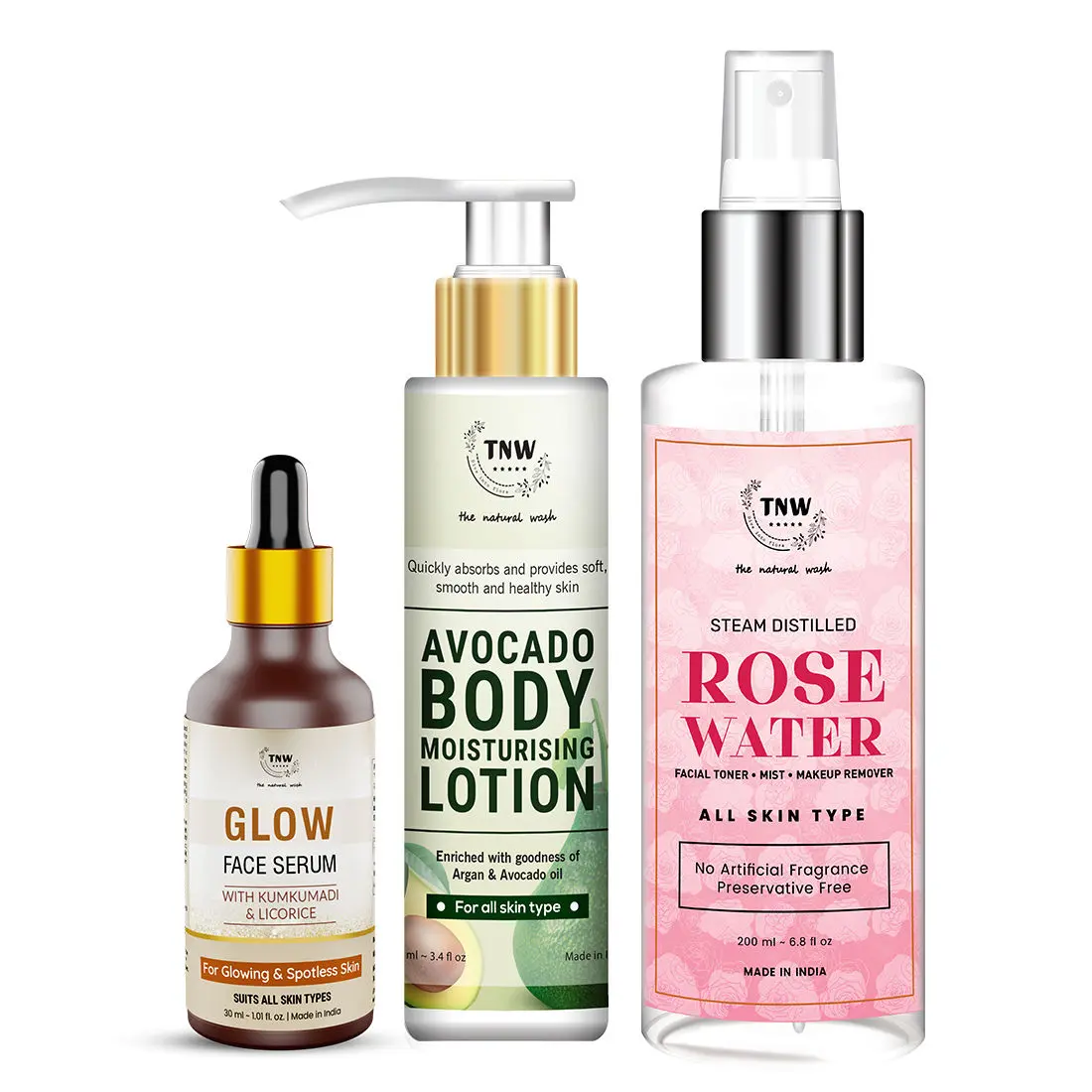 Combo of 3- Body Lotion Avocado 100ml & Rose Water Spray Bottle 200ml & Glow Face Serum 30ml