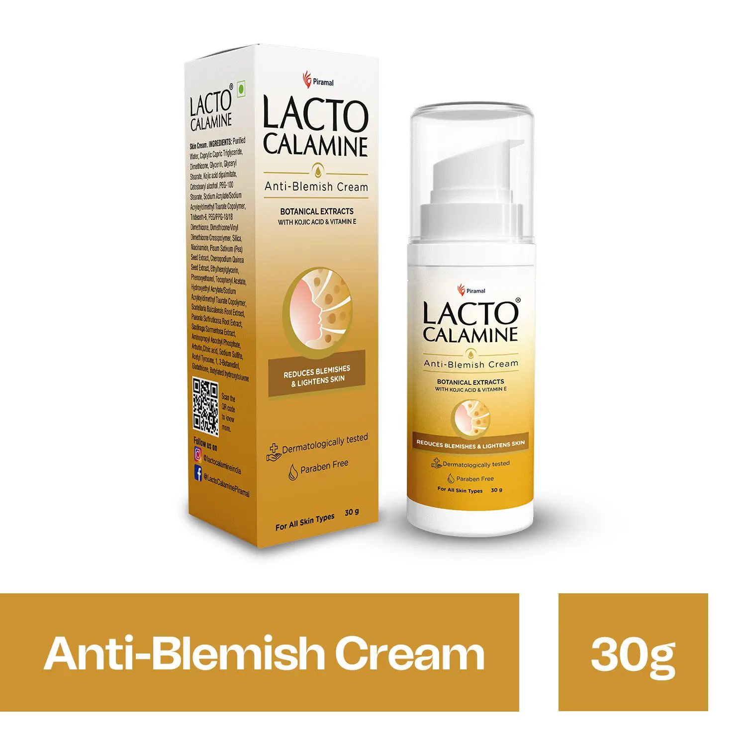 Lacto Calamine Anti Blemish cream for pigmentation & blemish removal & brighten skin tone. Suitable for all skin types. Non-greasy, No Parabens, No Sulphates (30 g)