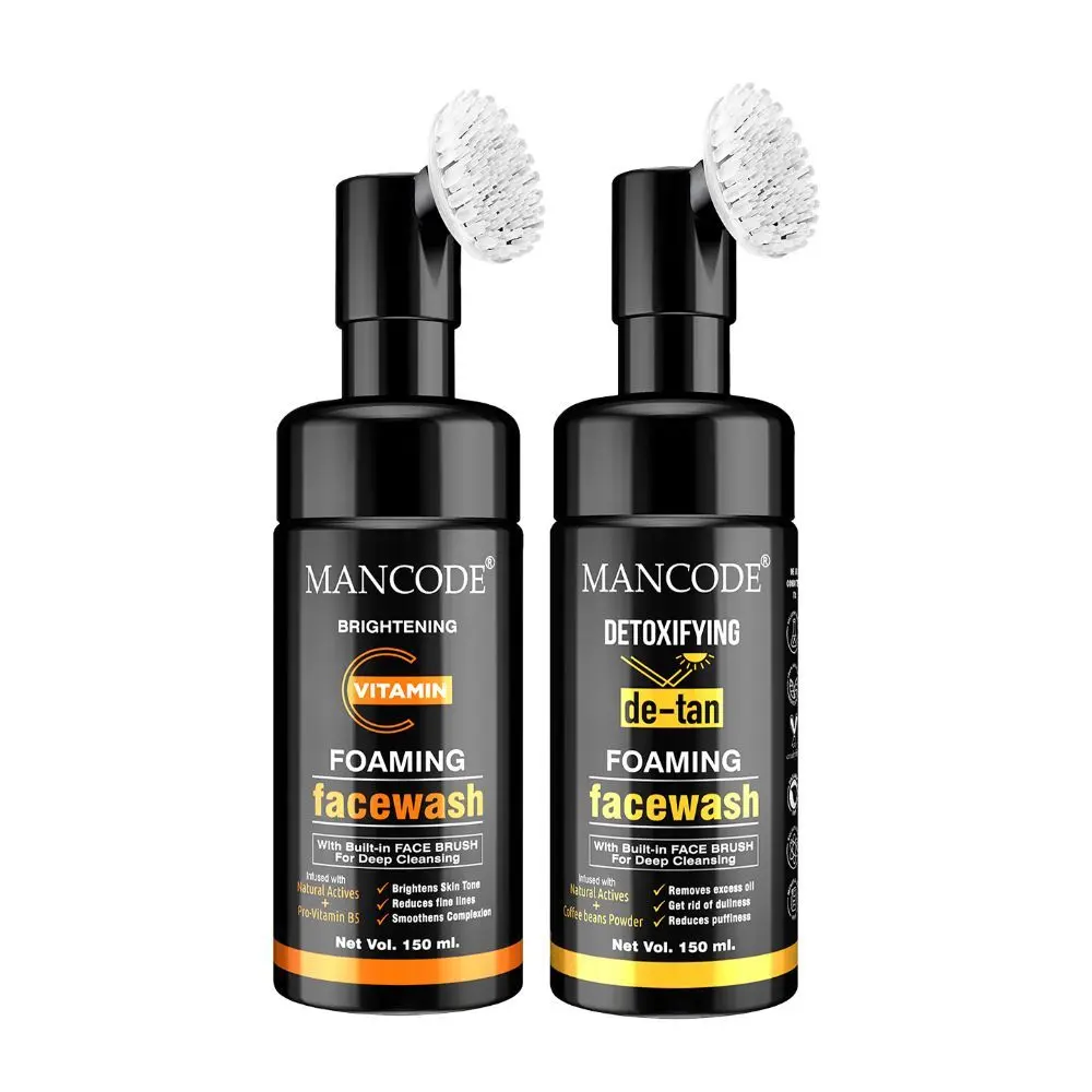 Mancode Brightening Vitamin C & Detoxifying De Tan Foaming Facewash (With Bult-in Brush),150ml Each (Pack of 2)