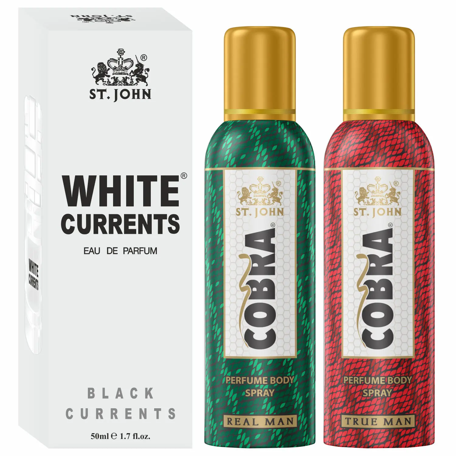 ST-JOHN Cobra No Gas Deodorant True Man, Real Man 100ml each & White Current 50ml Combo Perfume Body Spray - For Men & Women