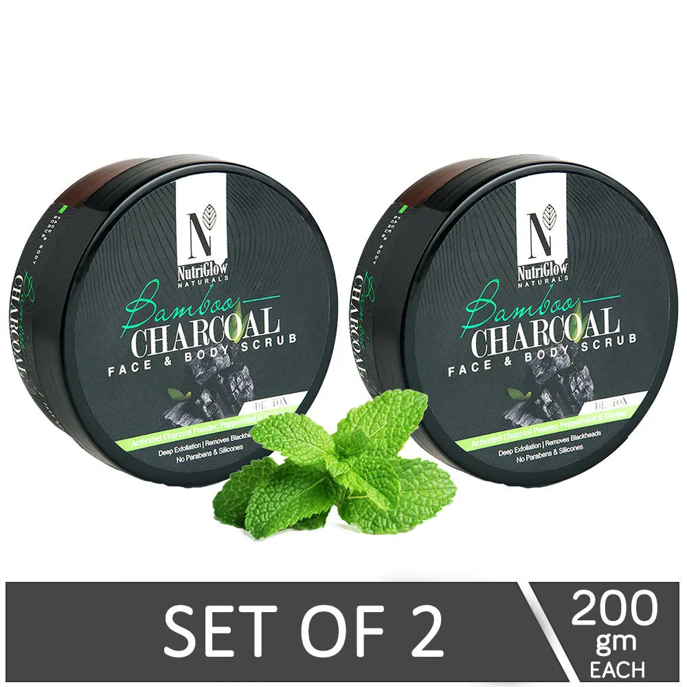 NutriGlow NATURAL'S Set of 2 Bamboo Charcoal Face & Body Scrub With Activated Charcoal Powder, 200 gm each