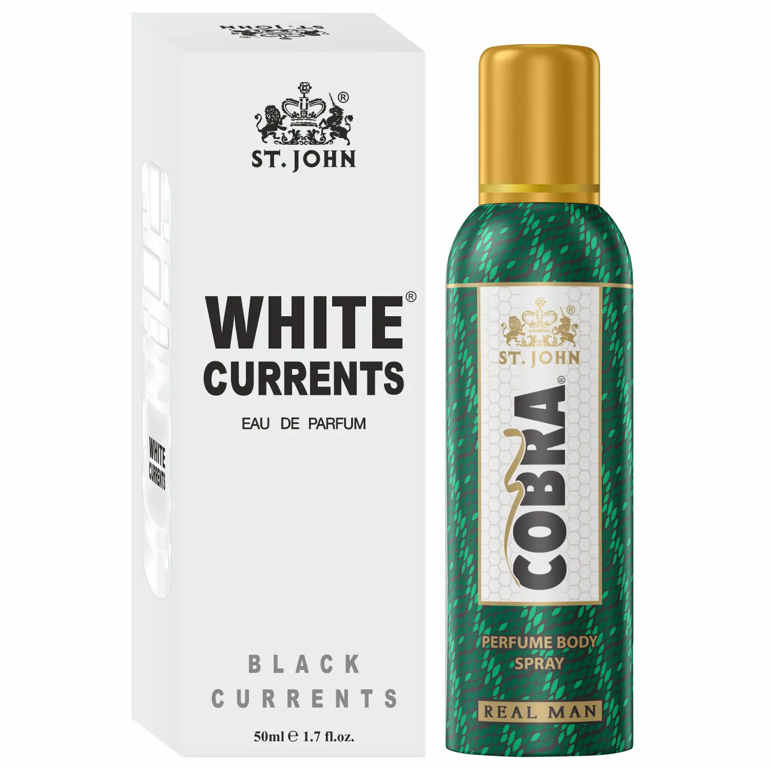 ST-JOHN Cobra Deodrant No Gas Real Man 100ml & White Current 50ml Perfume Combo Pack Perfume Body Spray - For Men & Women (150 ml, Pack of 2)