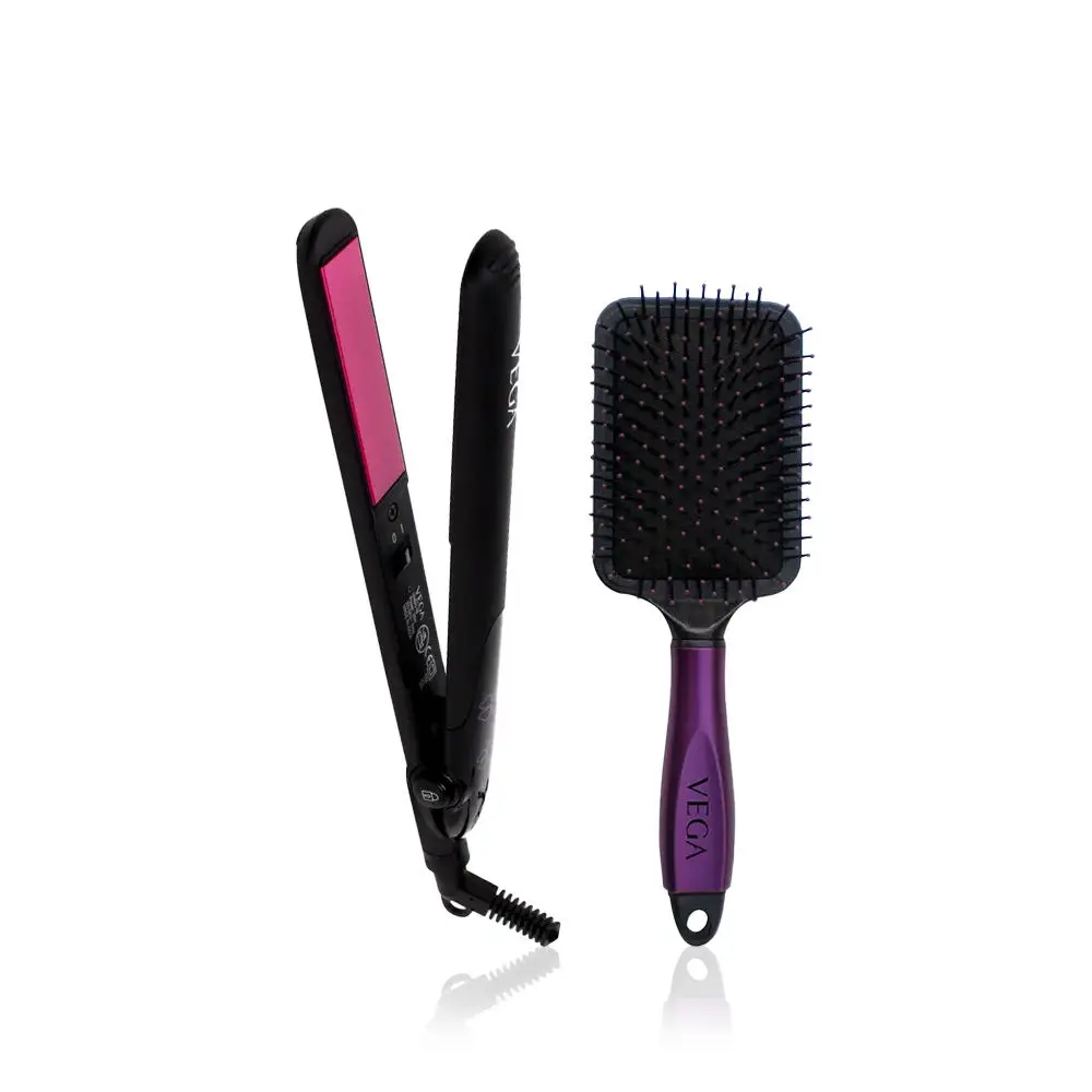 VEGA Adore Hair Straightener with Ceramic Coated Plates & Quick Heat-Up (VHSH-18), Color May Vary, (Made In India) + VEGA Paddle Brush (E18-PB)