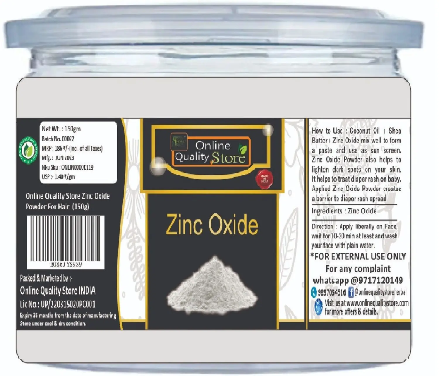 Online Quality Store 100% Organic Zinc Oxide (Face Pack, Skin Care)_150g - Natural Zinc Oxide Powder Nano, Perfect for DIY Sunscreens Powder{jar_Zinc_Oxide_150g}