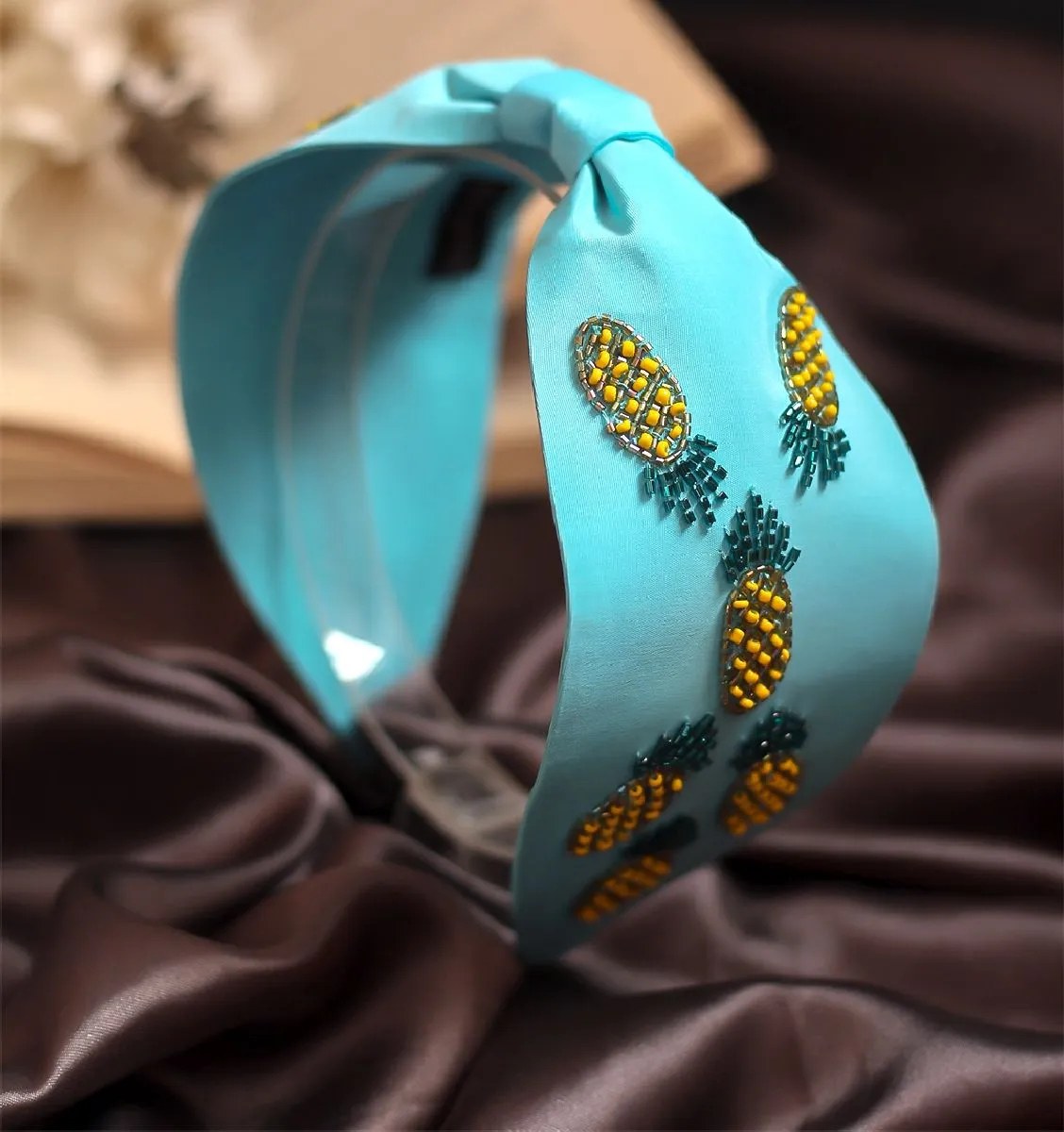 Bellofox Blue Colored Embellished Kaia Luxe Headband In French Crepe Silk Blend