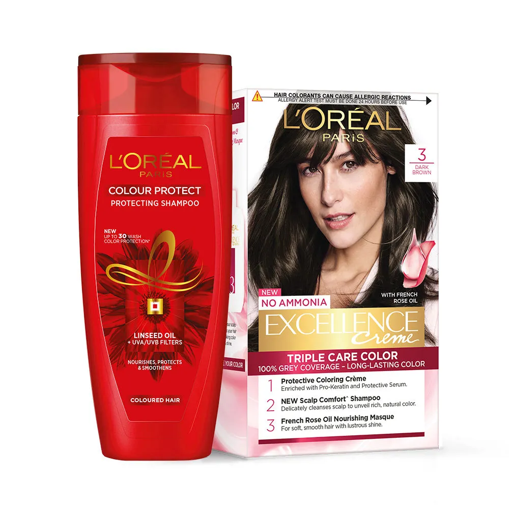 L'Oreal Paris Excellence Creme Hair Color Shade 3 - Darkest Brown + Colour Protect Shampoo