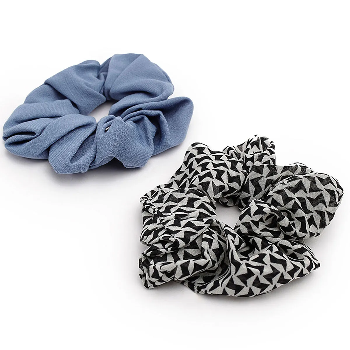 Toniq Set Of 2 Black & White Printed & Solid Denim Blue Scrunchie For Women(SXXH11920 B)