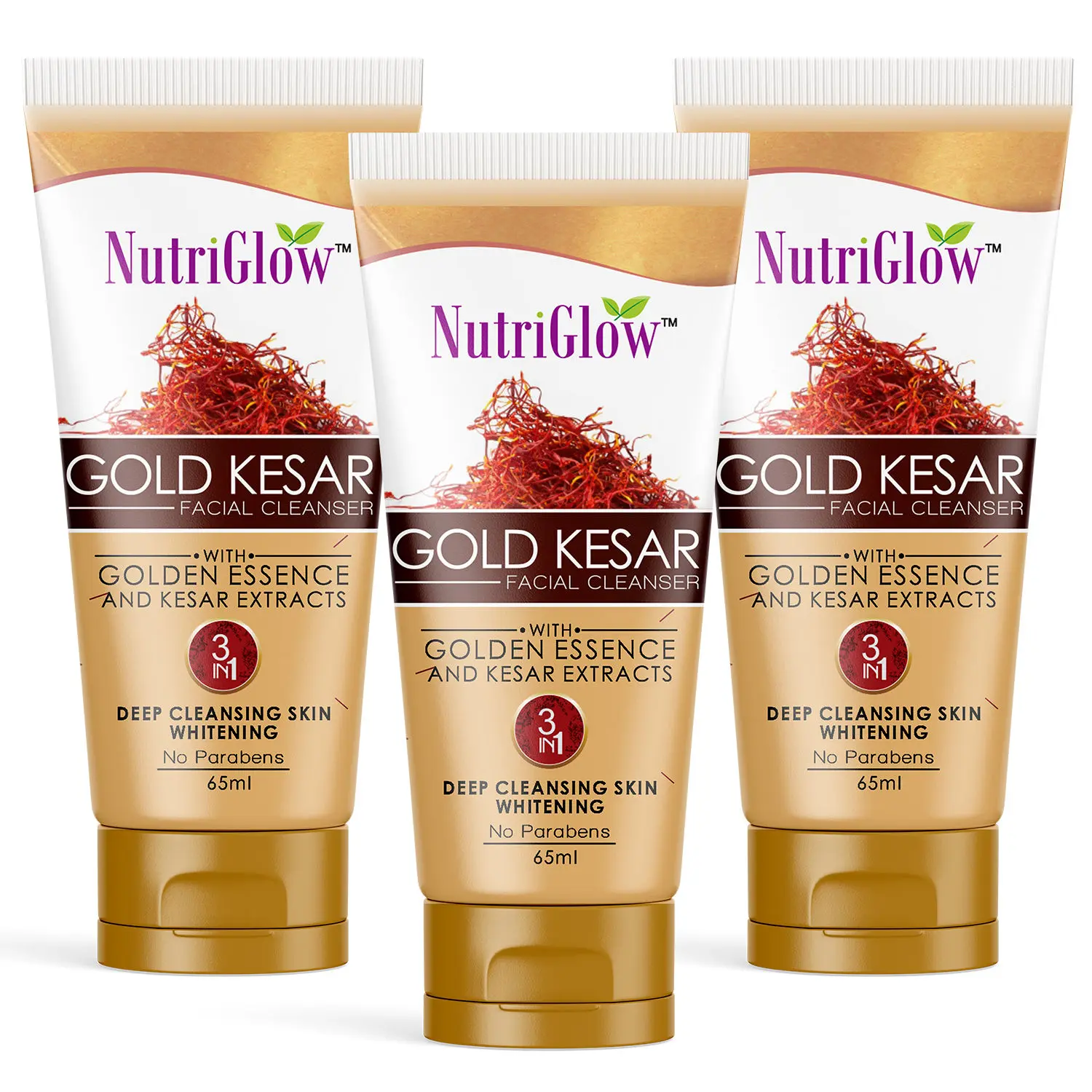 NutriGlow Set of 3 Gold Kesar Facial Cleanser With Gold Essence & Kesar Extracts, 65ml each