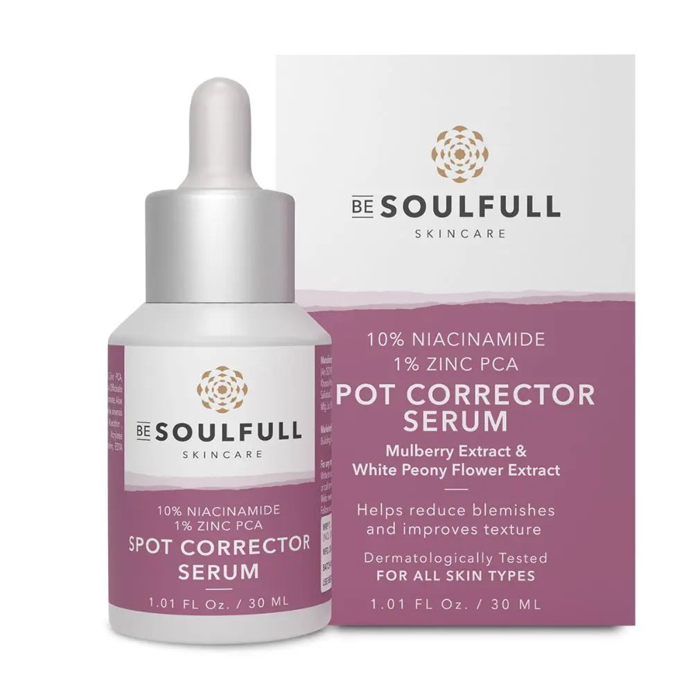 Be Soulfull Spot Corrector Serum with 10% Niacinamide, 1% Zinc PCA, Mulberry & Peony Root Extract | Reduces Acne spots, scars, marks, blemishes, evens out skin tone I For Men & Women