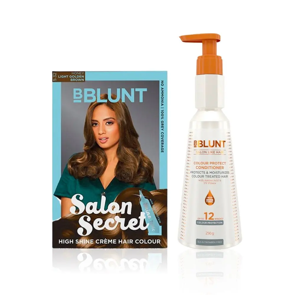 BBLUNT Salon Secret High Shine Creme Hair Colour Light Golden Brown 5.32 (100 g) With Shine Tonic (8 ml)+BBLUNT Colour Protect Conditioner- 250 g