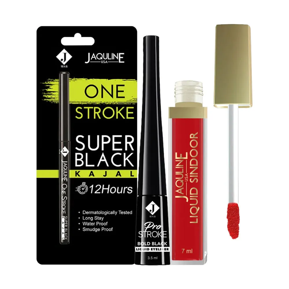 Jaquline USA One Stroke Black Kajal + Pro Stroke Black Liquid Eye Liner + Red Liquid Sindoor