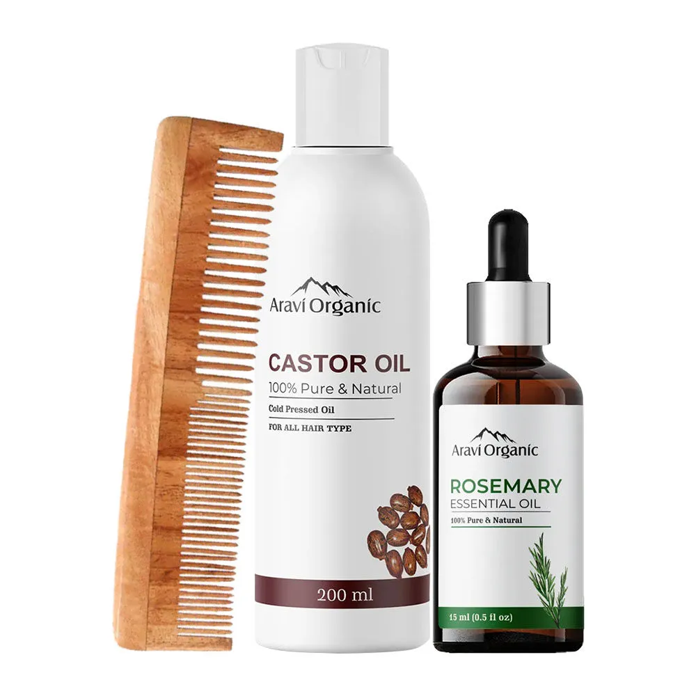 Aravi Organic Cold Pressed Castor Carrier Oil And Rosemary Essential Oil & Neem Wood Comb Combo