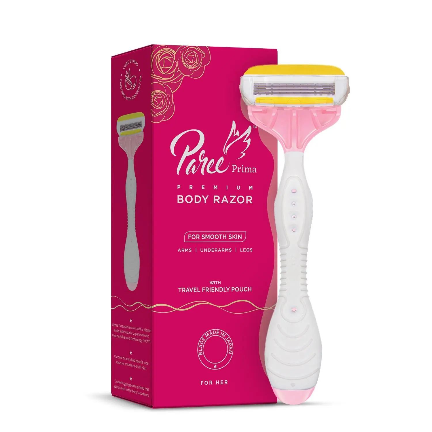 Paree Prima Resuable Full Body Razors for Hassle Free Shaving for Women with 4 Blade Technology & Infused Coconut Oil for Arms, Legs and Bikini Line with Travel Pouch - Pack of 1