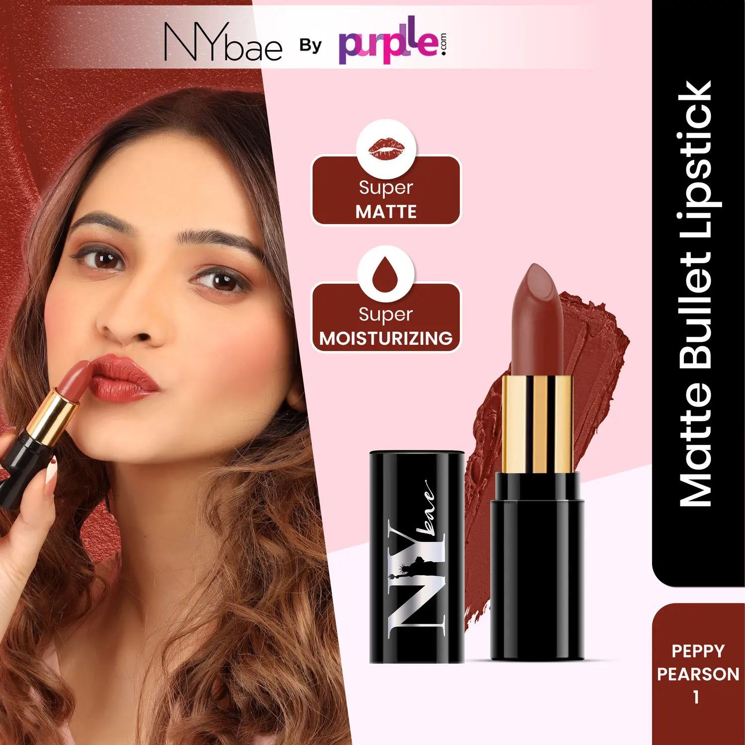 NY Bae Super Matte Lipstick - Peppy Pearson 1 (4.2 g) | Nude Brown | Loaded With Vitamin E | Rich Colour | Long lasting | Smudgeproof | Vegan