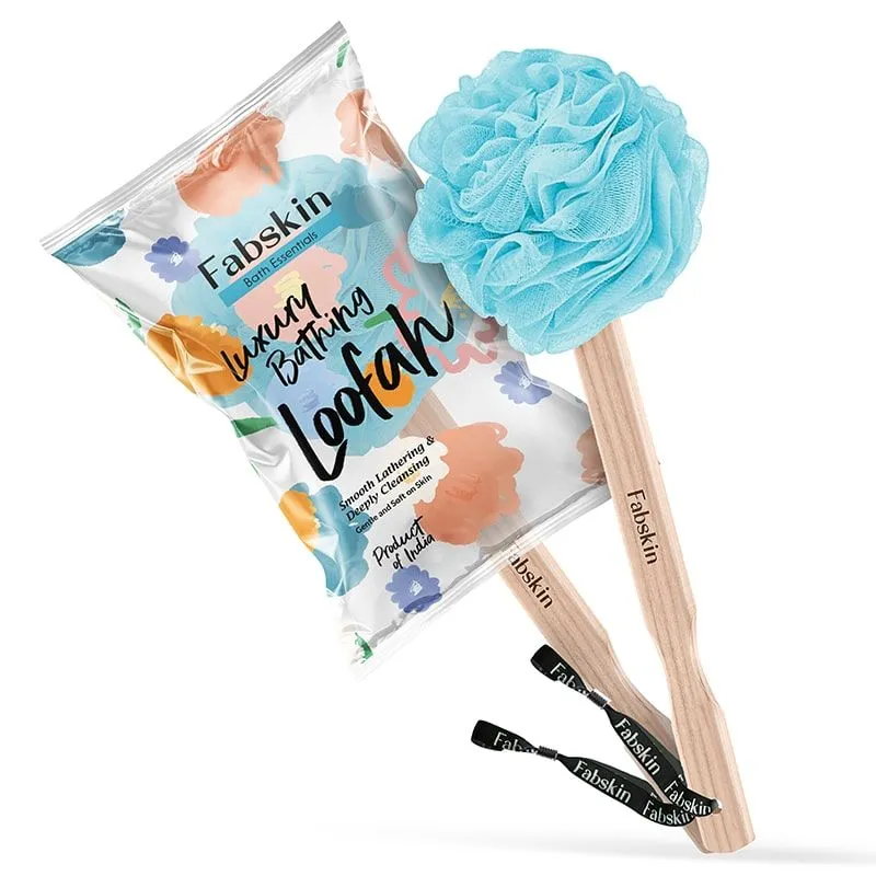 Fabskin Bath Brush Loofah For Men & Women With Wooden Handle Blue