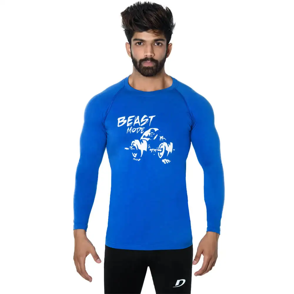 DK Active Wear Full Sleeve Gym T Shirt (Beast Mode),  Royal Blue and White  Large