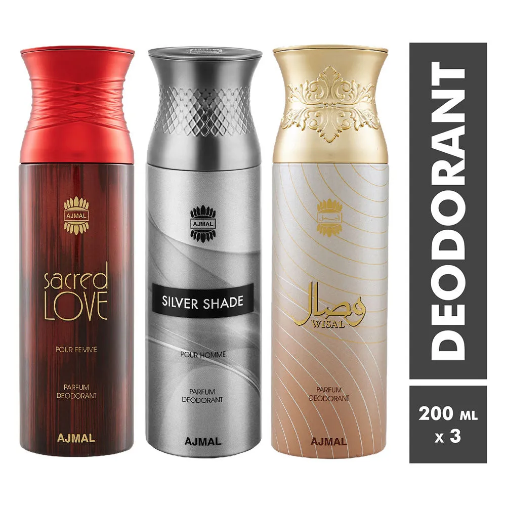 Ajmal Sacred Love, Silver Shade & Wisal Parfum Deodorant For Men and Women - Pack Of 3