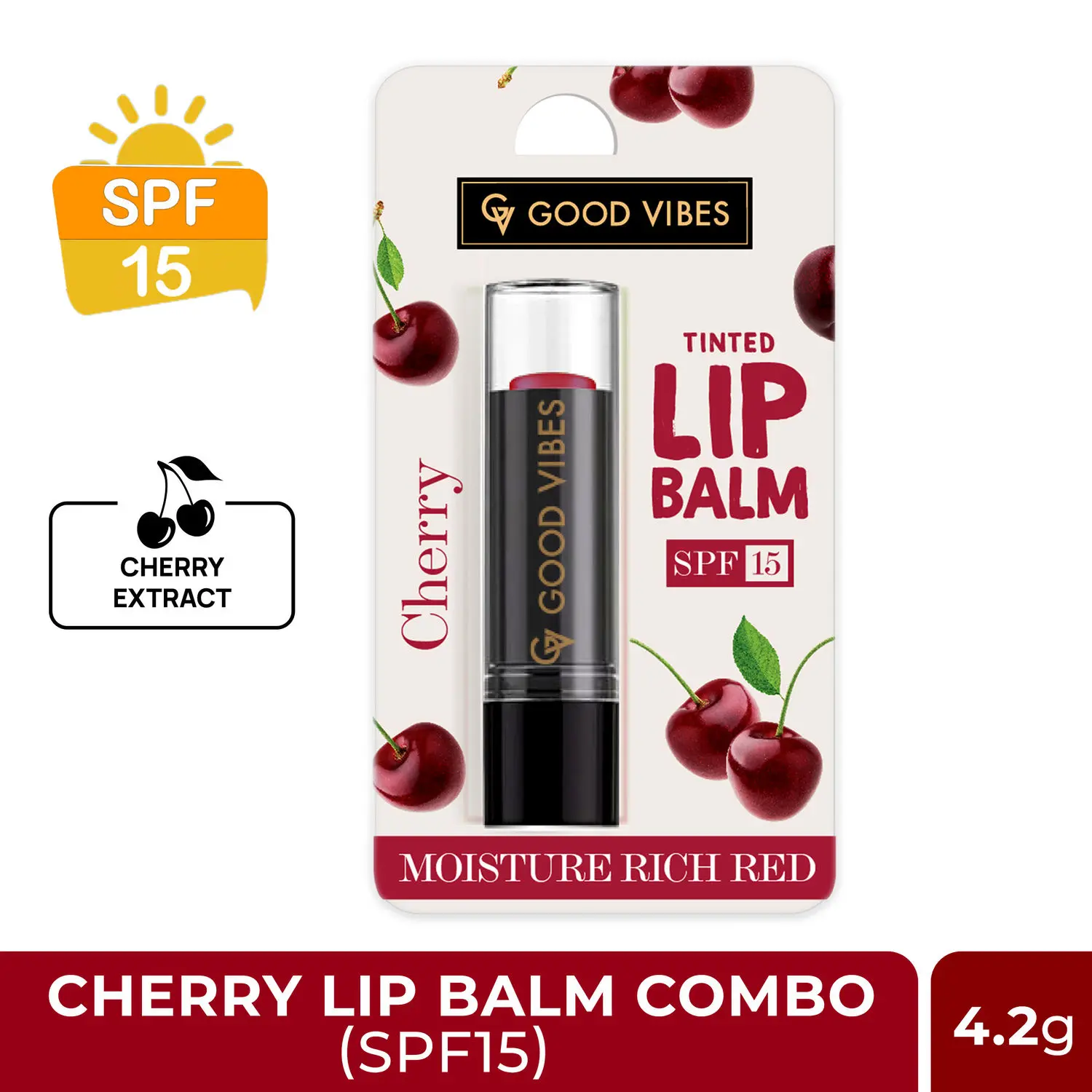 Good Vibes Cherry Moisture Rich Red Tinted Lip Balm SPF 15 | Plum & Glossy, Softening | Vegan, No Parabens, No Sulphates, No Mineral Oil, No Animal Testing, No Silicones (4.2 g)