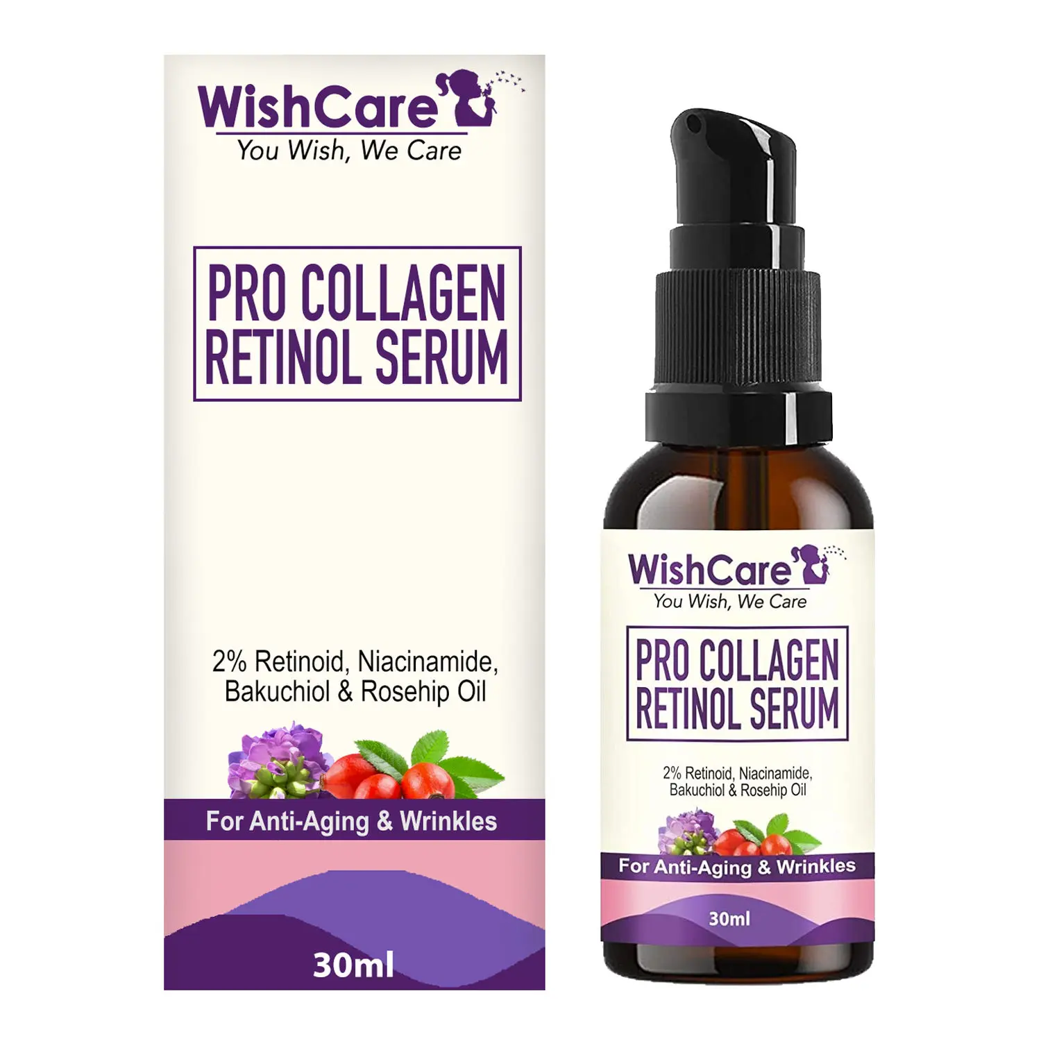 WishCare Pro Collagen Retinol Serum - For Anti-Aging & Wrinkles- 2% Retinoid, Niacinamide, Bakuchiol & Rosehip Oil