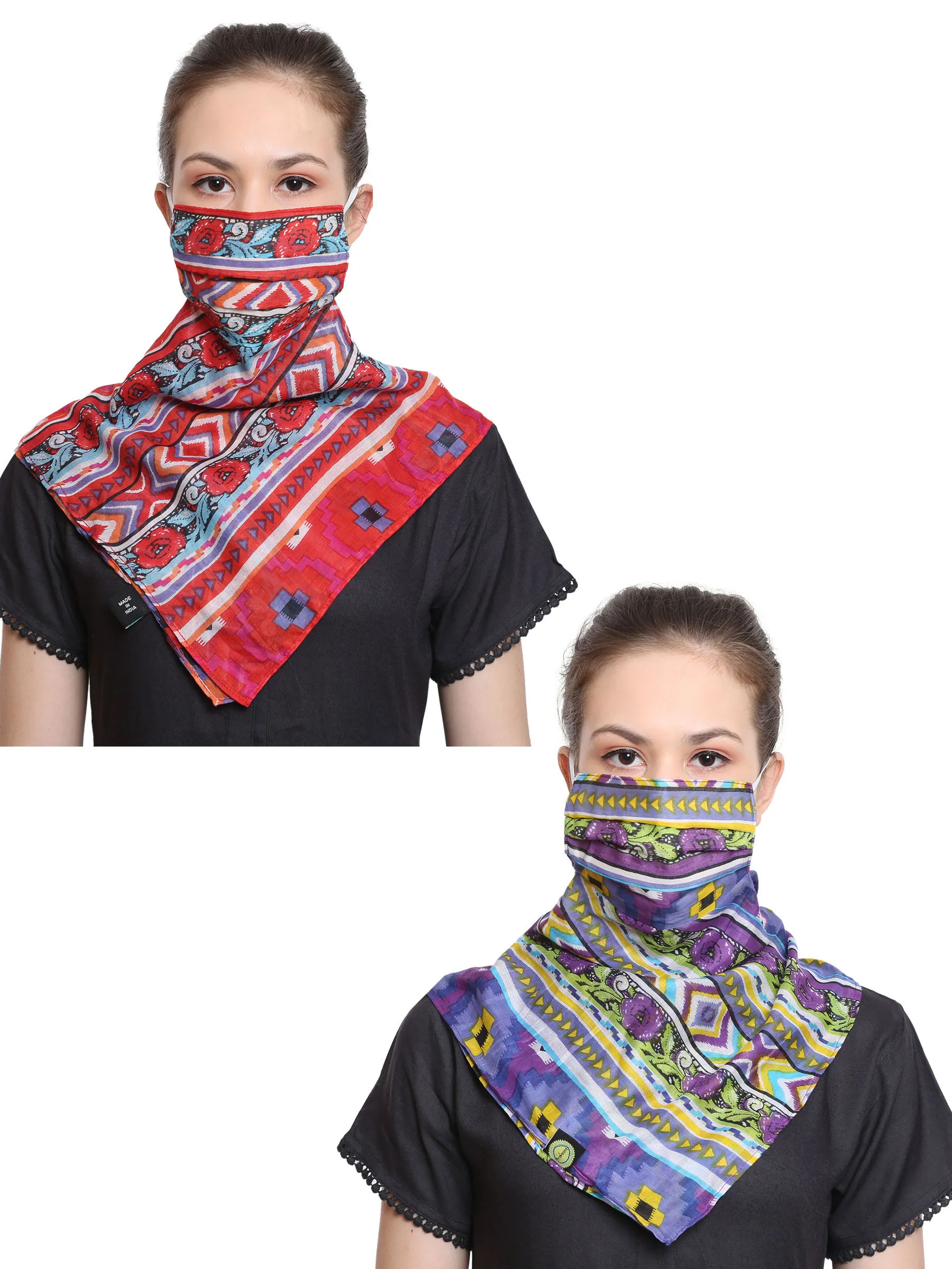 Anekaant Multicolor 3-Ply Reusable Printed Cotton Scarf Style Fashion Mask (Pack Of 2)