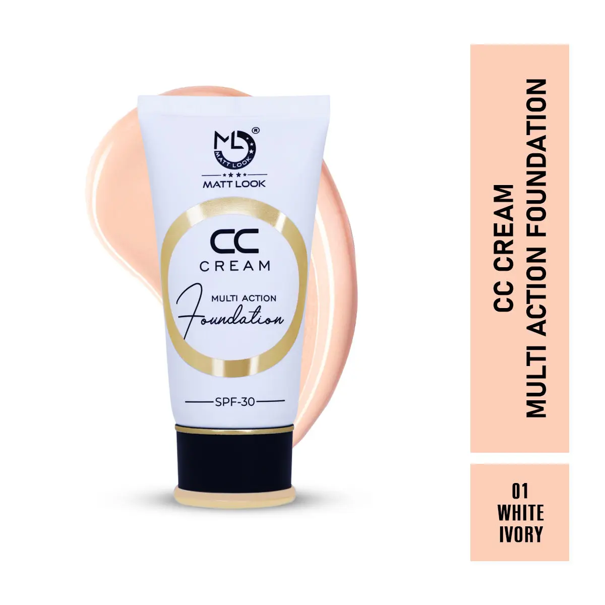 Mattlook CC Cream Multi Action Foundation- Colour Correcting Brightening Full Coverage Lightweight Even Skin Tone Natural Finish - White Ivory (60gm)