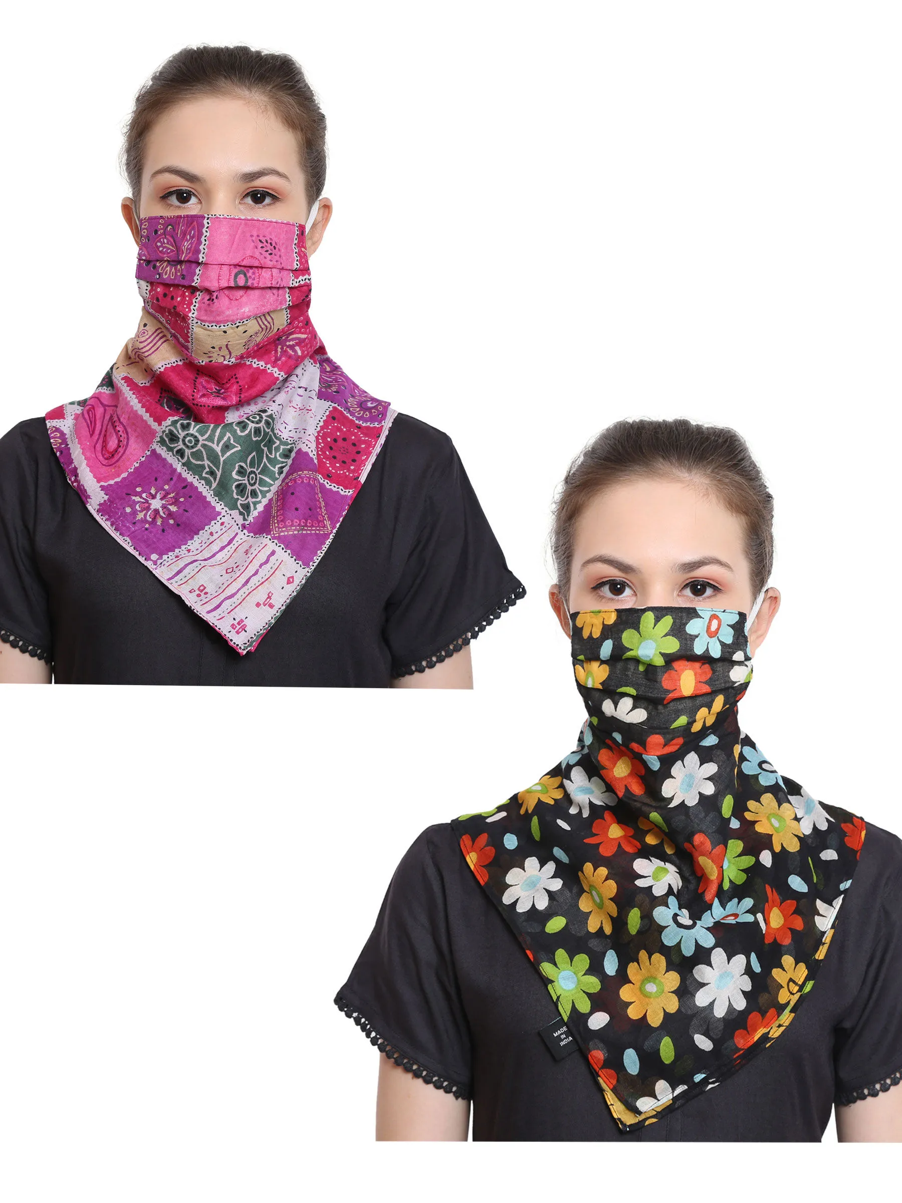 Anekaant Multicolor 3-Ply Reusable Printed Cotton Scarf Style Fashion Mask (Pack Of 2)