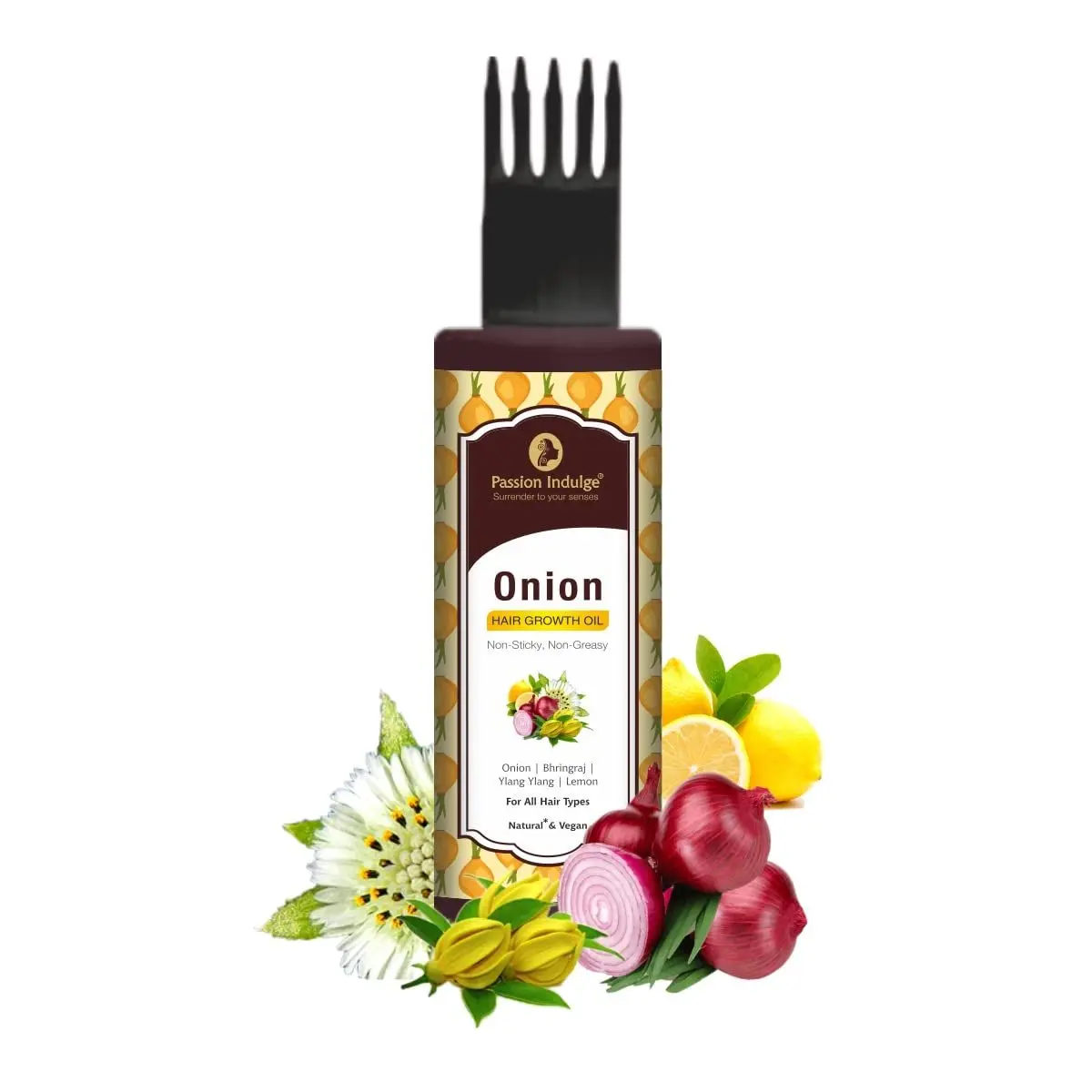 Passion Indulge Onion & Bhringraj Hair Growth Oil | Non Sticky & Non Greasy | Natural & Vegan | Bhringraj, Ylang Ylang, Onion, Lemon Oil Extract | All Hair Type -100ml