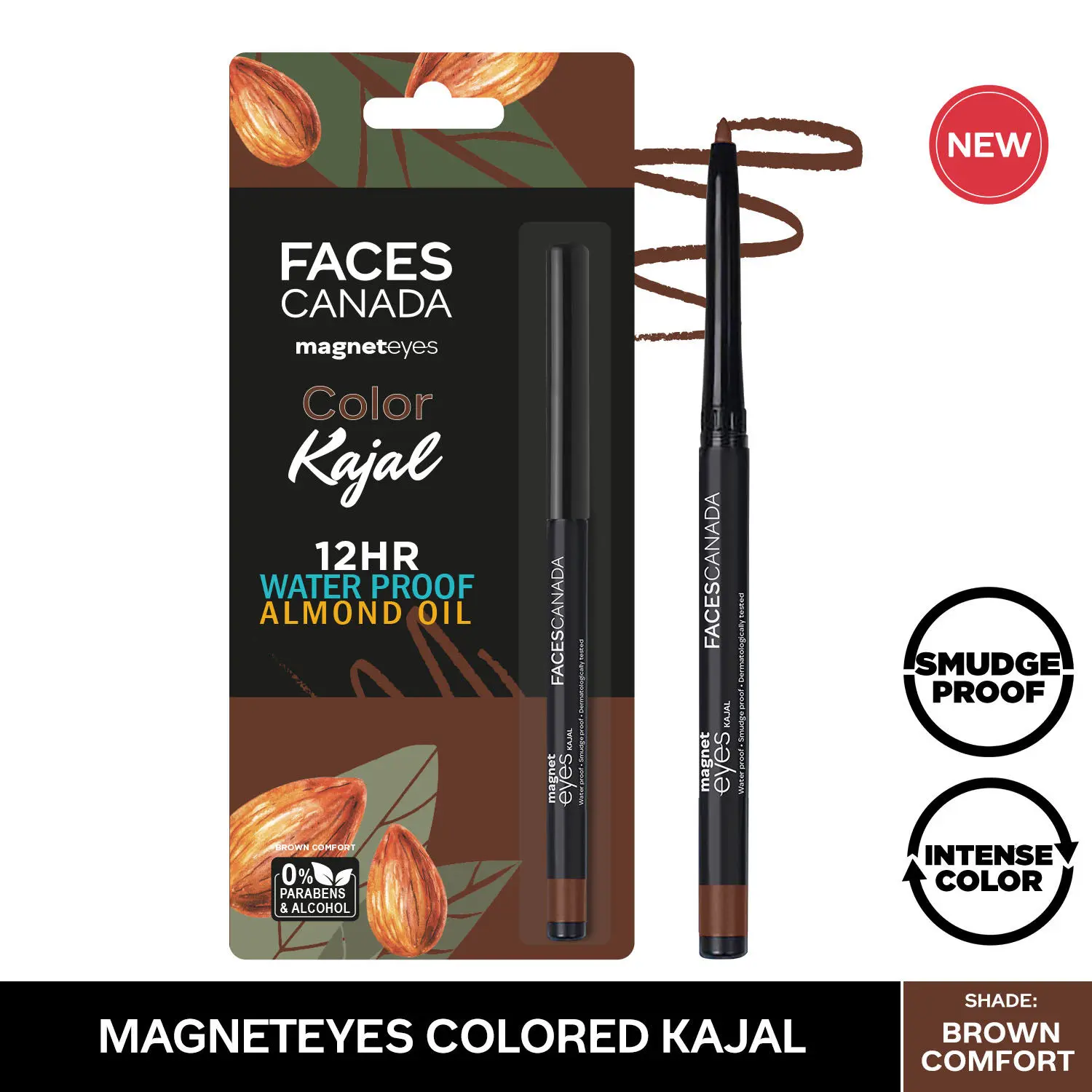 Faces Canada Magneteyes Kajal Waterproof I12hrs Long Stay ISmudgeproof,  Almond Oil I One Stroke Smooth Glide Brown Comfort 03 (0.30 g)