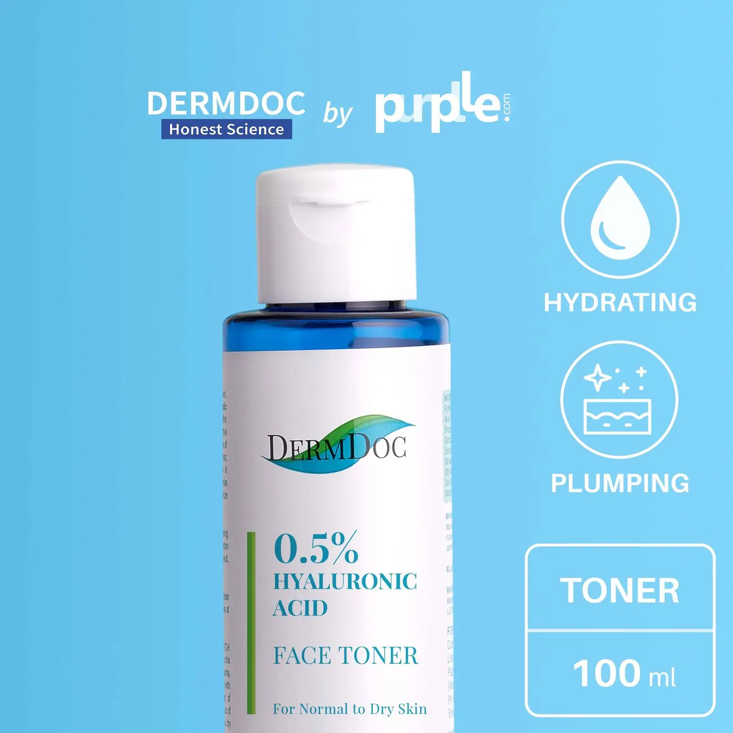 DERMDOC by Purplle 0.5% Pure Hyaluronic Acid Face Toner (100ml) | hydrating toner | glass skincare | toner for dry skin | hyaluronic acid for face