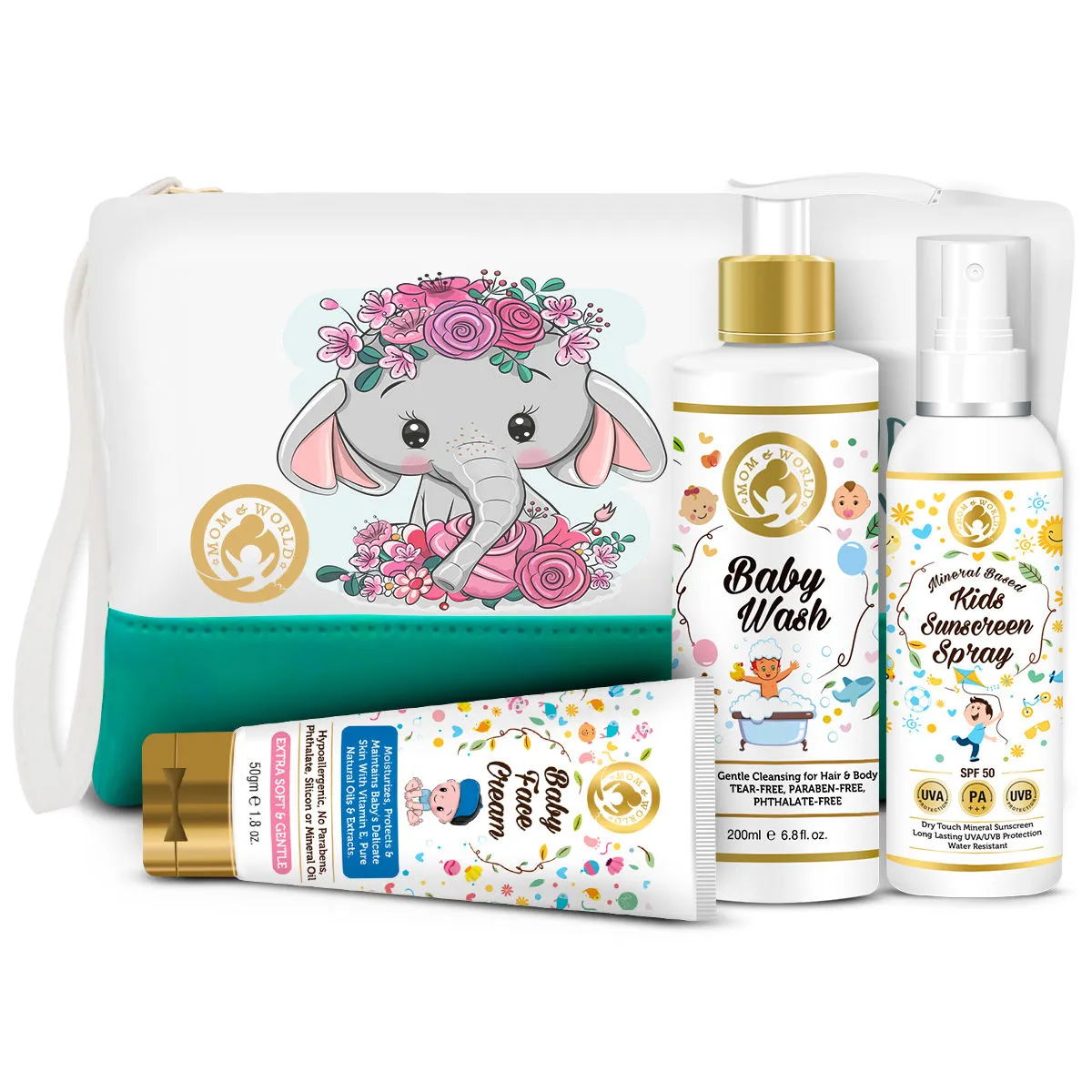 Mom & World Baby Face Cream + Baby Wash + Kids Sunscreen Spray With Pouch