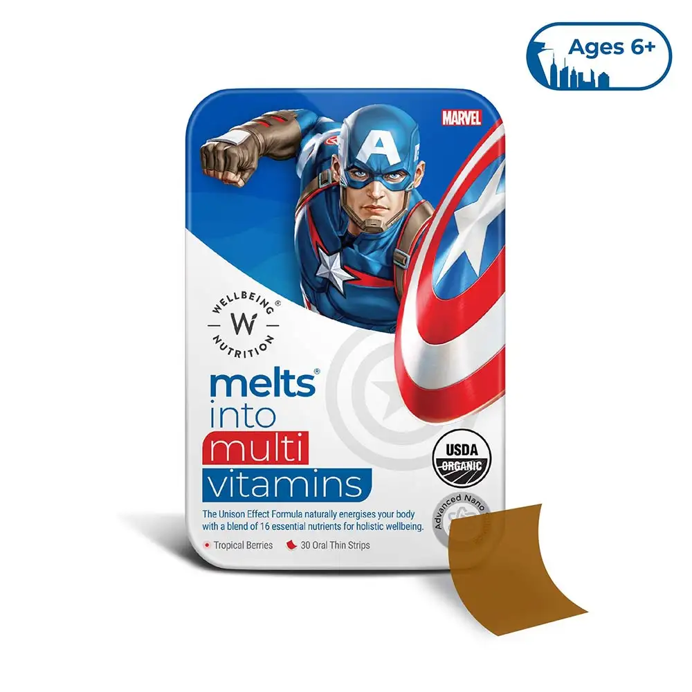 Wellbeing Nutrition Melts into Multivitamins,  30 Strip(s)  Tropical Berries (Marvel Captain America)