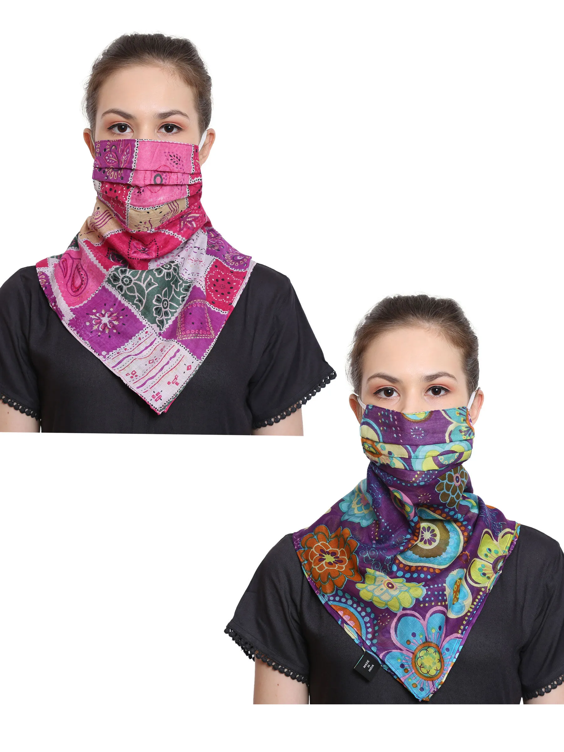 Anekaant Multicolor 3-Ply Reusable Printed Cotton Scarf Style Fashion Mask (Pack Of 2)