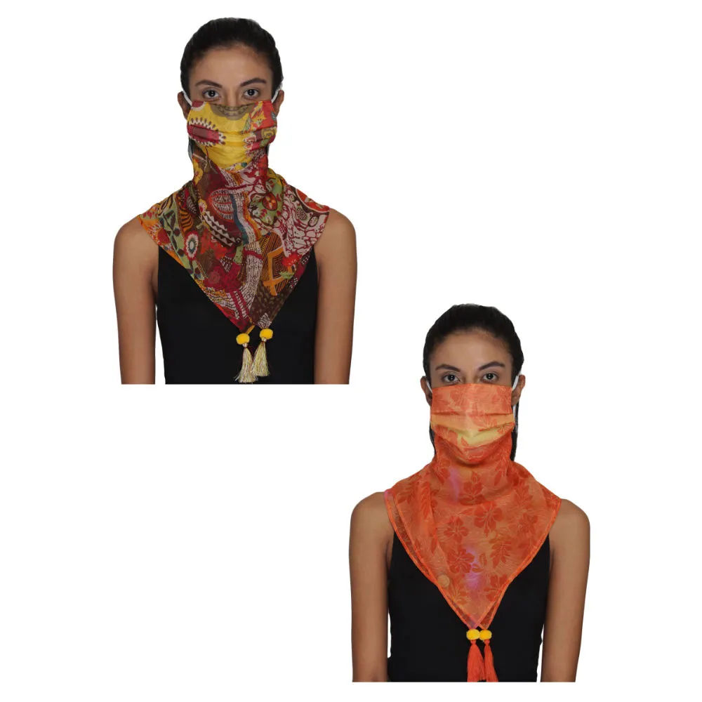 Anekaant Pack Of 2 Multicolor 3-Ply Reusable Poly Chiffon Printed Tesselled Scarf Style Fashion Mask