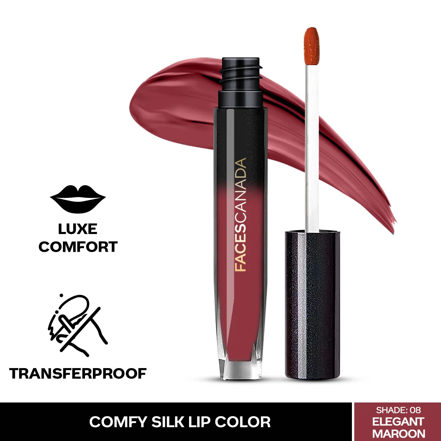 Faces Canada Comfy Silk Lip Color I Satin Matte HD Finish Liquid Lipstick I Mulberry Oil I Luxe Comfort I Longlasting I No Dryness | Alcohol, Paraben & Cruelty Free - Elegant Maroon 08 | 3 ml