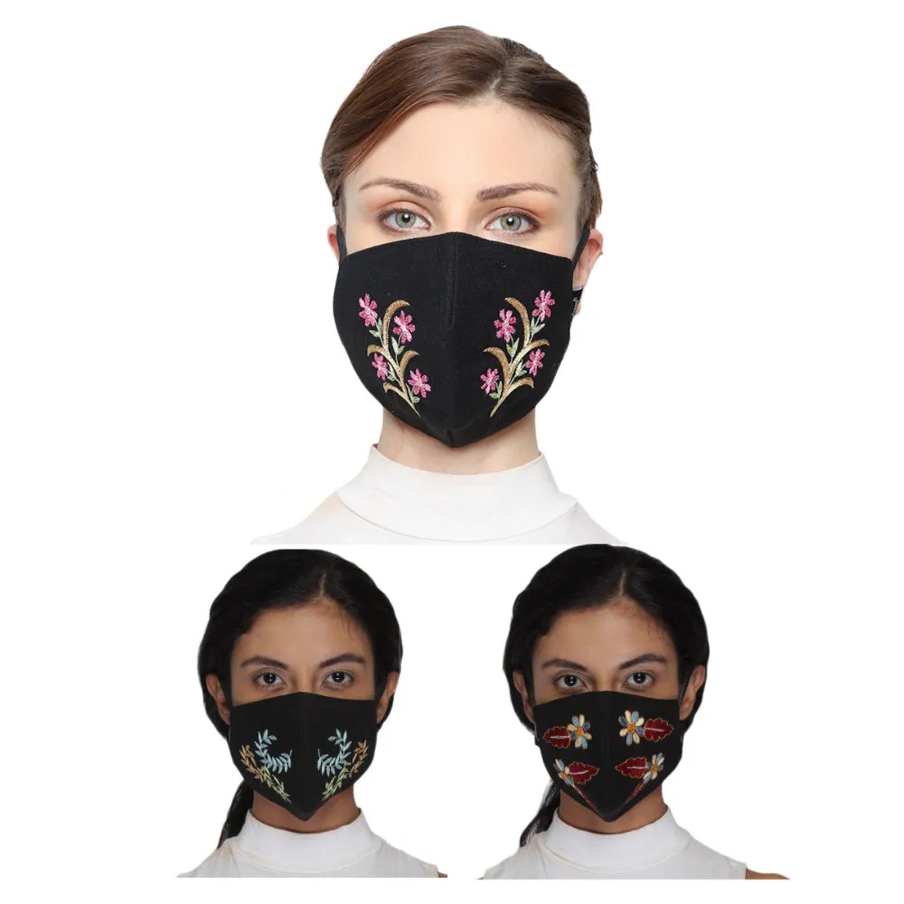 Anekaant Pack Of 3 Black & Multicolor 3-Ply Reusable Cotton Embroidered Fabric Fashion Mask