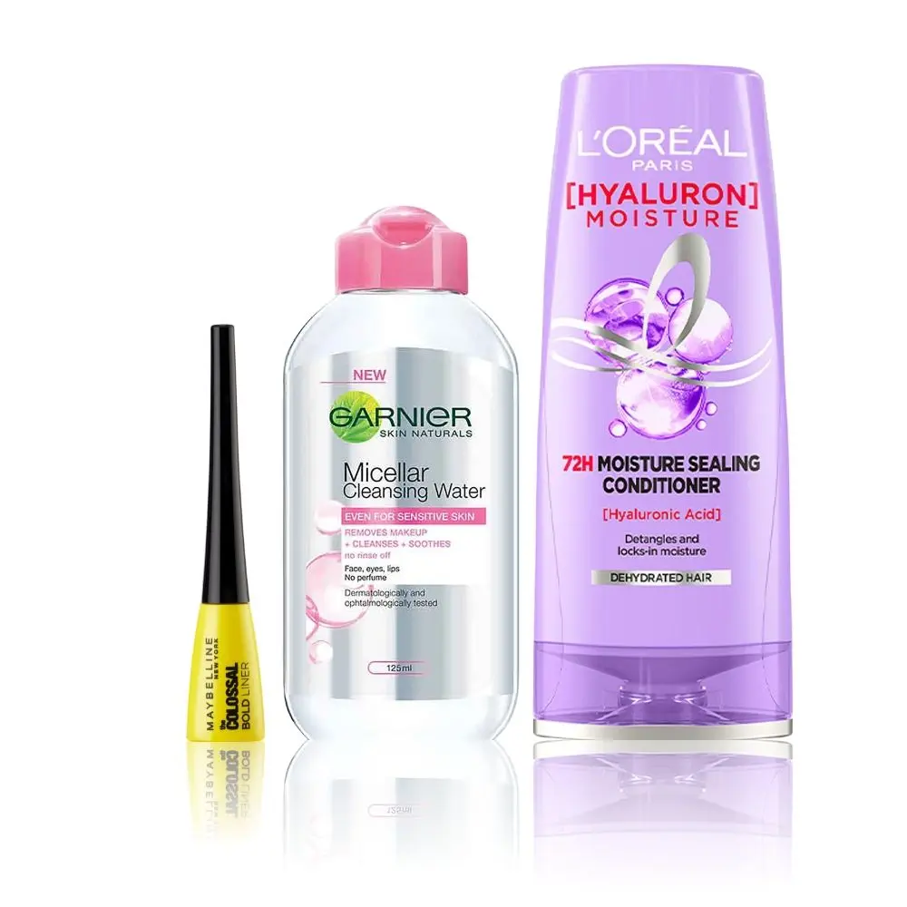 Maybelline x Garnier x L'Oreal Paris Top Picks Combo (Maybelline eyeliner, black (3g), Garnier micellar water (125 ml), L'Oreal Paris hyaluron moisture conditioner (180 ml))