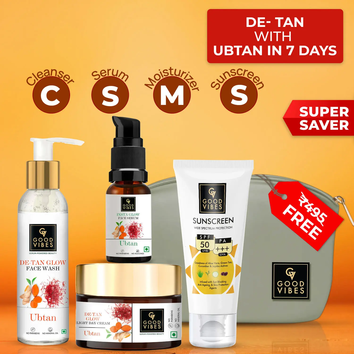 Good Vibes De- tan Ubtan CSMS Glow Combo (Facewash + Serum + Moisturizer + Sunscreen) (Free Pouch)