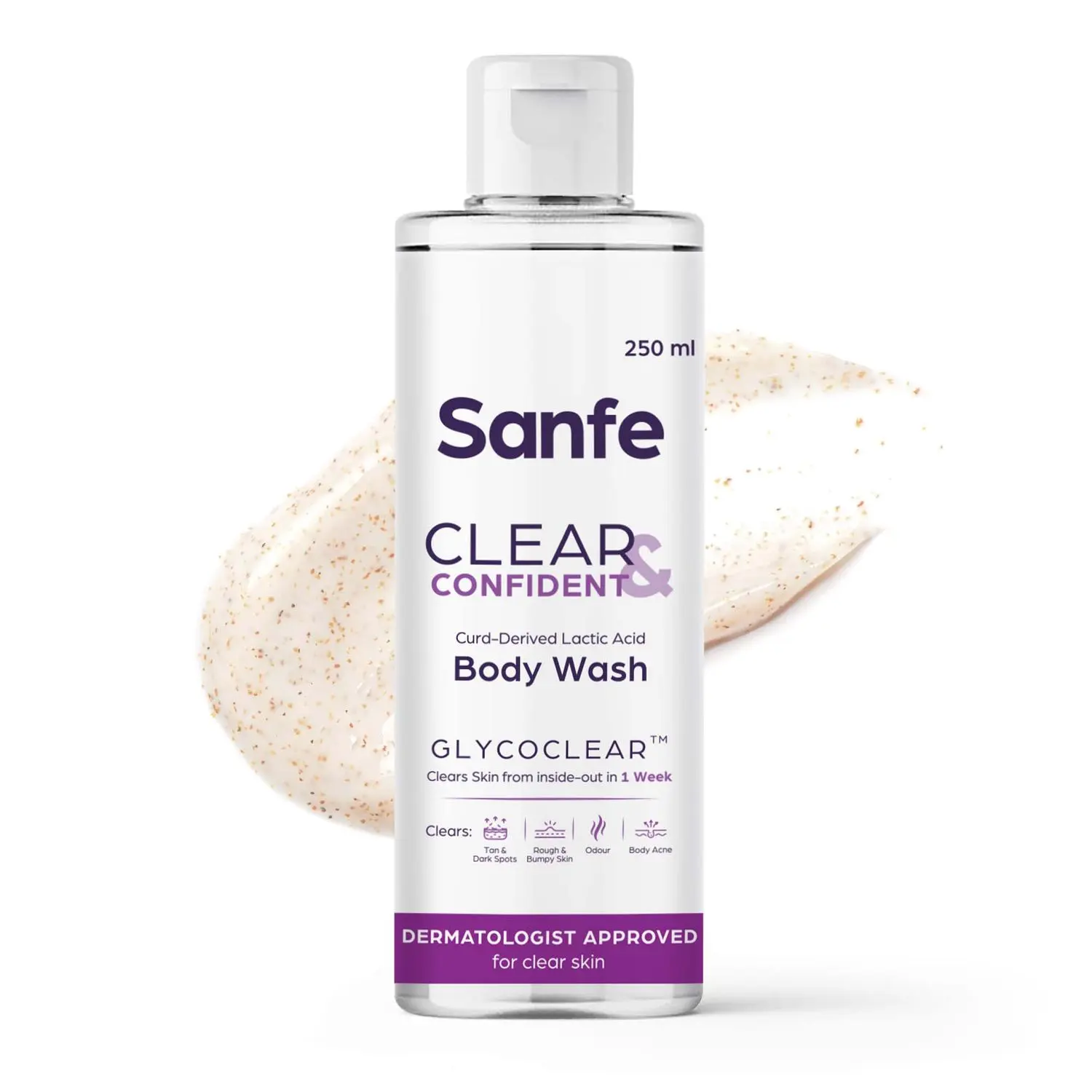 Sanfe Clear & Confident Glycolic Acid Body Wash | AHA Exfoliating Body Wash for Rough Bumpy Skin & Strawberry Skin | Smooth Skin from 1st Use | 250ml