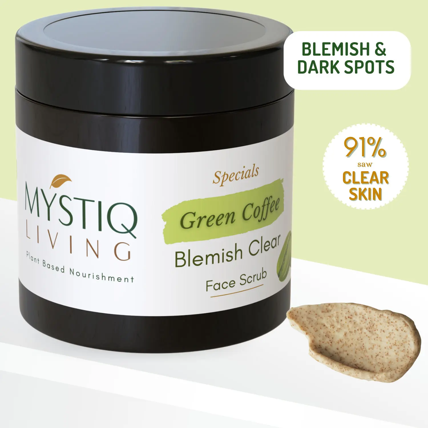 Mystiq Living Specials -Green Coffee Blemish Clear- Face Scrub|De Tan|Dark Spot Removal|Anti Pigmentation|Skin Brightening & Glowing Skin with Oatmeal &Turmeric|Ayurvedic Formulation -100 GM