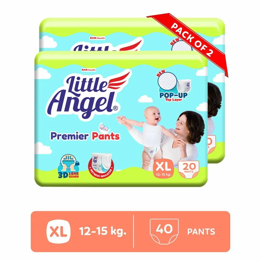 Little Angel Premier Pants Baby Diapers, Extra Large (XL) Size, 40 Count, Combo Pack of 2, 20 Count/pack with Wetness Indicator, 12-15 Kg