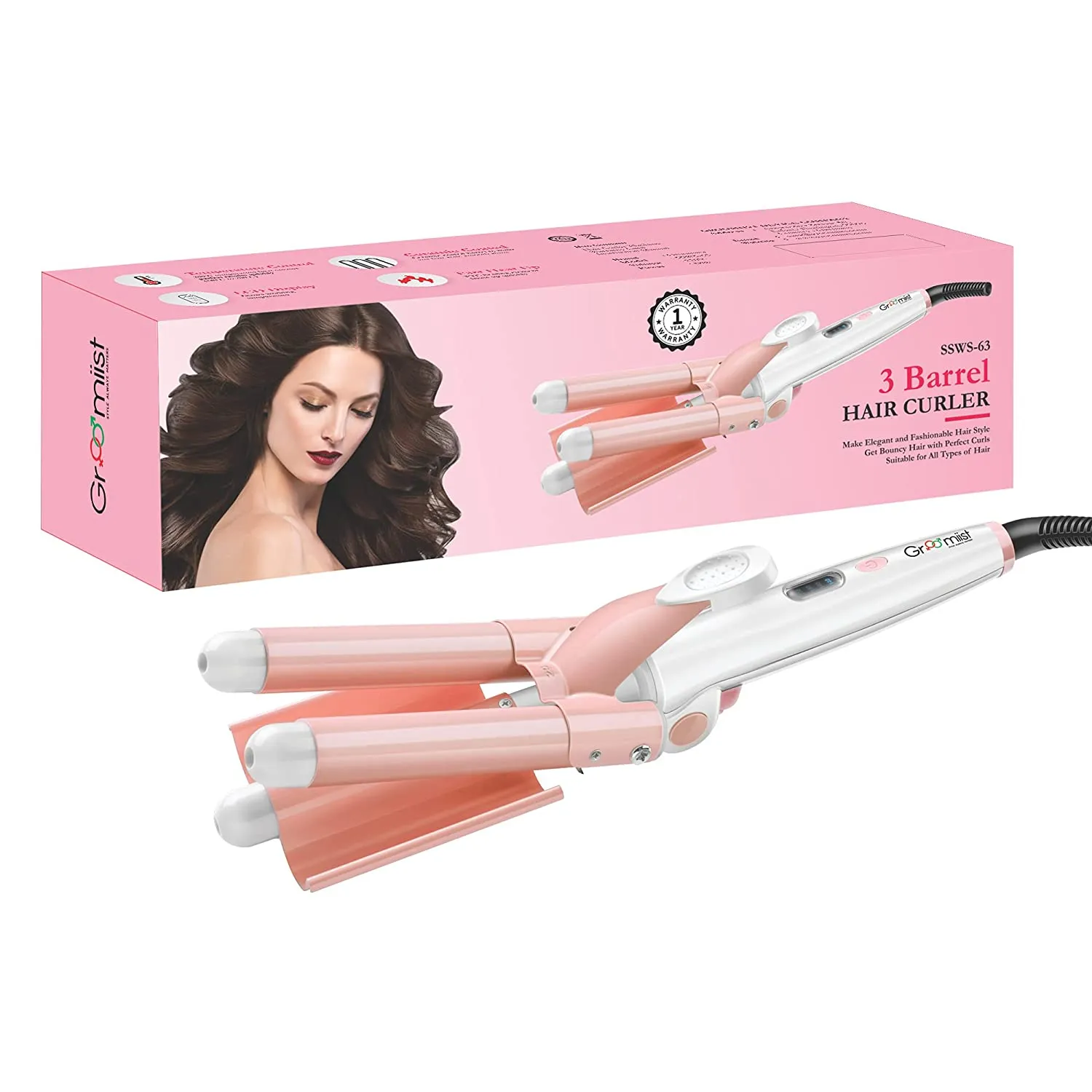 Groomiist 58 Watts Professional Series 3 Barrel Foldable Hair Curler Ssws-63 (white & Peach)