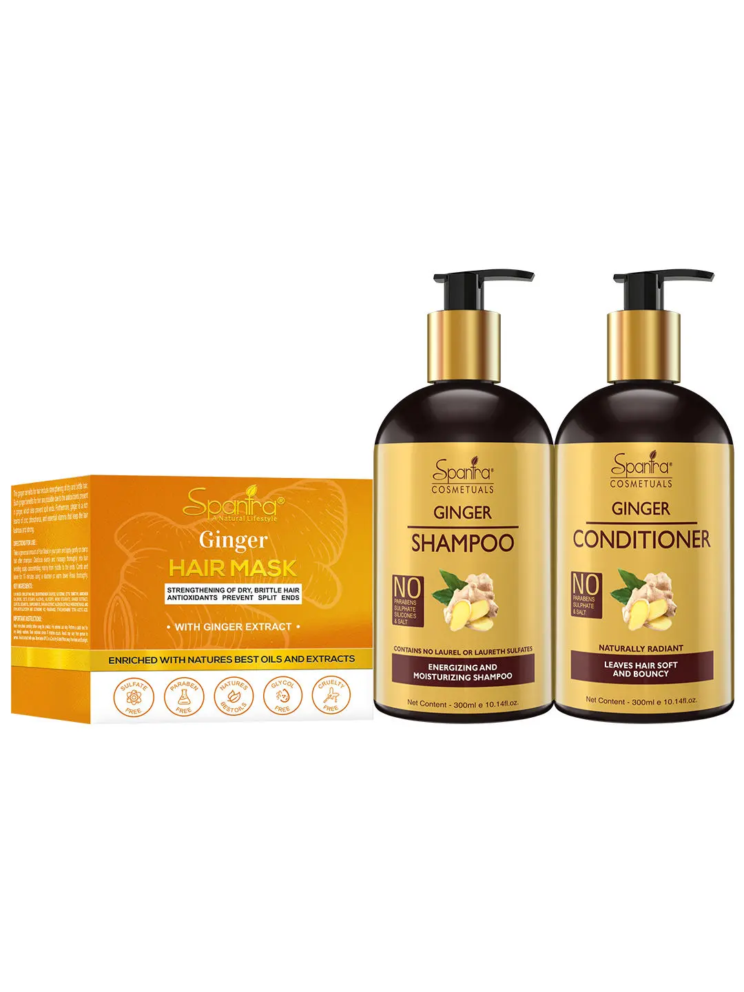 Spantra Ginger Shampoo & Conditioner, 300ml Each with Hair Mask, 250gm ( Combo Pack Of 3)