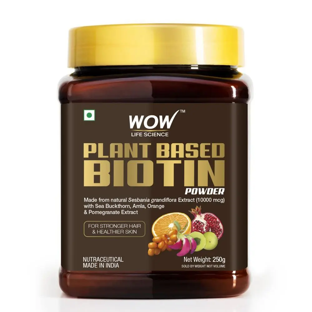 WOW Life Science Plant-Based Biotin Powder - Made from natural Sesbania grandflora extract (10000 mcg) Sea Buckthorn, Amla Orange & Pomegranate Extract -For Stronger Hair & Healthier Skin (250 g)