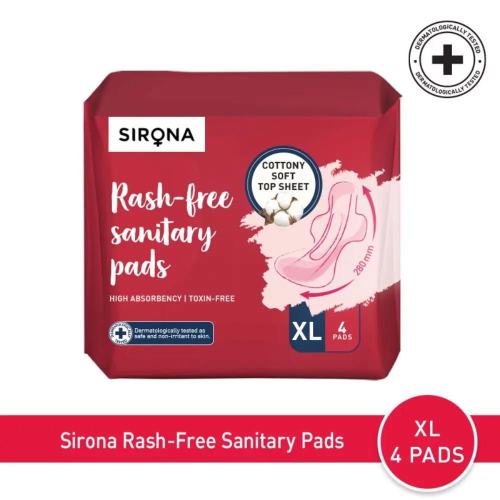 Sirona Cottony Soft Rash Free Sanitary Pads for Women - Pack of 4 (XL Size) | Ultra Soft & Breathable Top Layer | Highly Absorbent Core with Wide Coverage for Leakage Protection