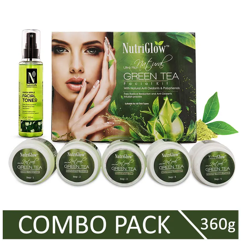 NutriGlow Ultra Rich Green Tea Facial Kit (250 gm) & ADVANCED ORGANICS Green Apple Facial Toner (100 ml) For Slacked Skin Tone